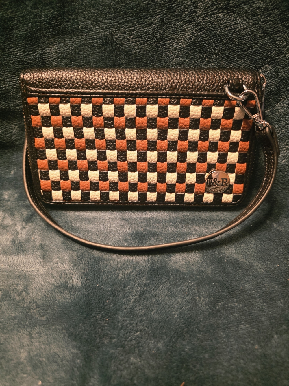 Checkerboard Leather Wristlet - Black, Brown & Cream